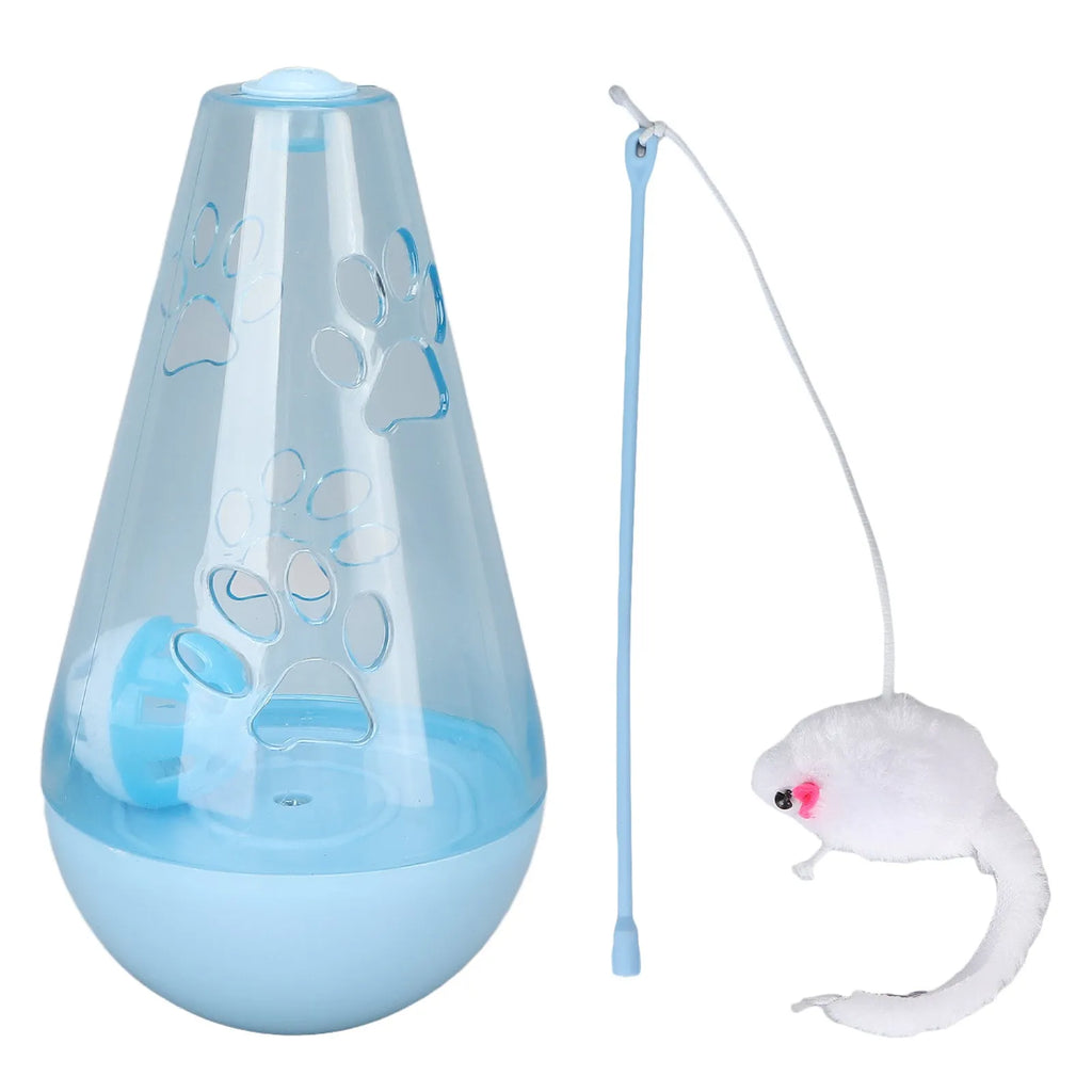 Cat toy with built-in bell ball and plush mouse stick on floor, blue colour, 30cm height