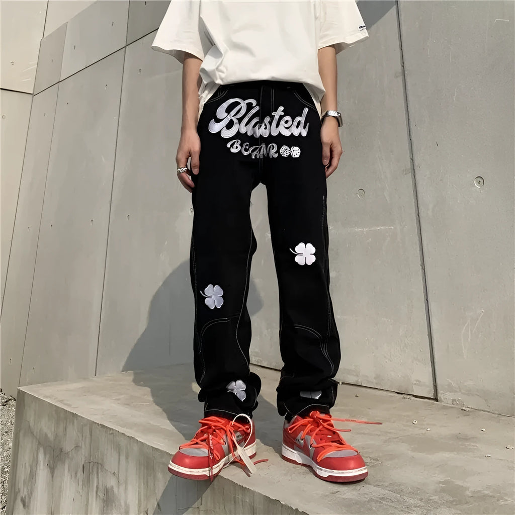 Men's American retro printed casual trousers with button placket and small straight leg in graphic colour