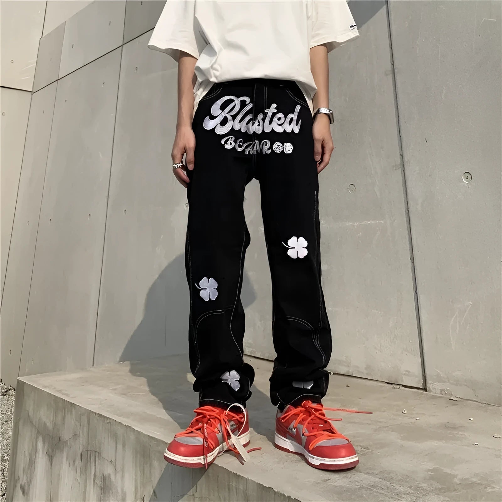 Men's American retro printed casual trousers with button placket and small straight leg in graphic colour