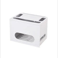 Plastic wireless router storage box in grey, with cable openings, for organising home networking equipment