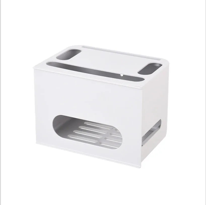 Plastic wireless router storage box in grey, with cable openings, for organising home networking equipment