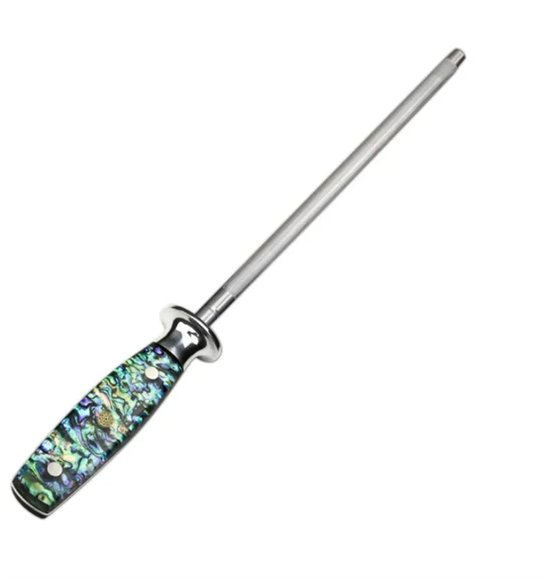 High carbon steel kitchen knife sharpener with abalone shell handle and diamond particles on blade