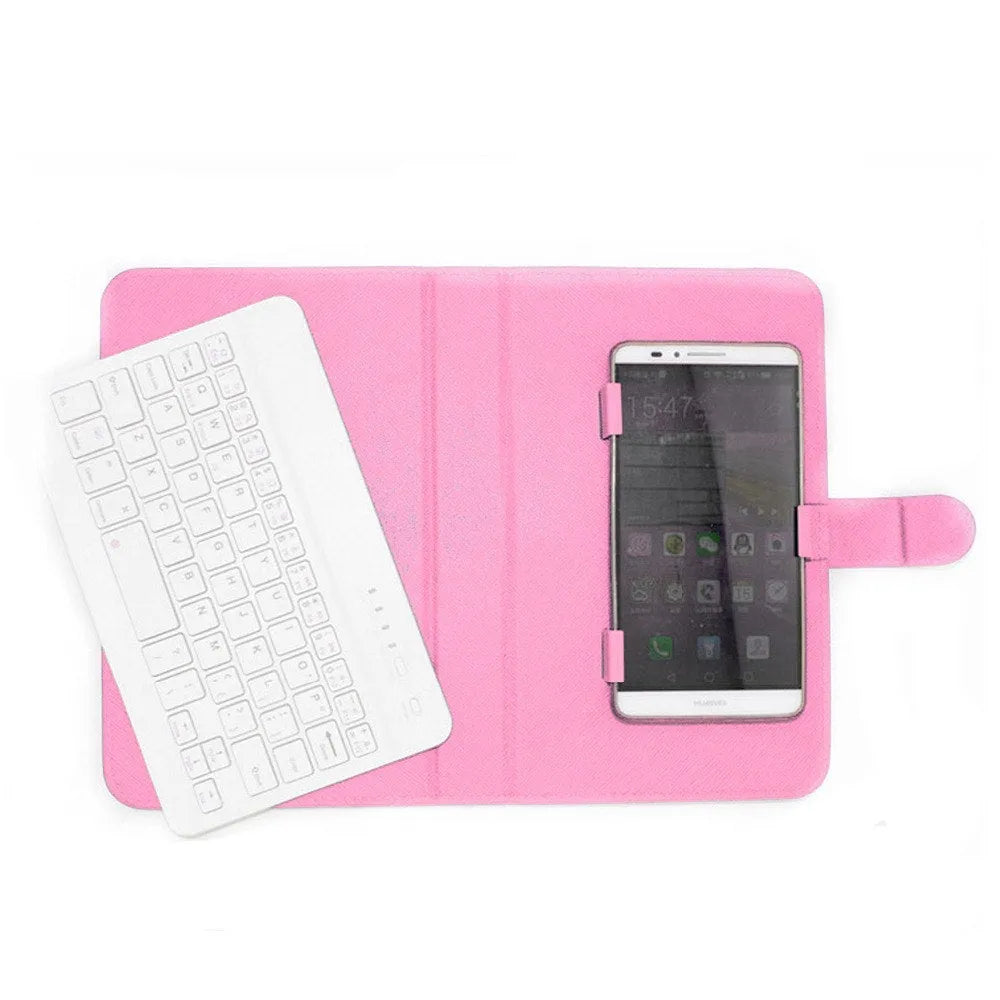 Wireless Bluetooth keyboard inside a protective case holster for a tablet or mobile phone.