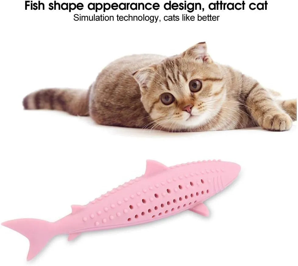 Green silicone fish-shaped chew toy for cats with breathable side holes