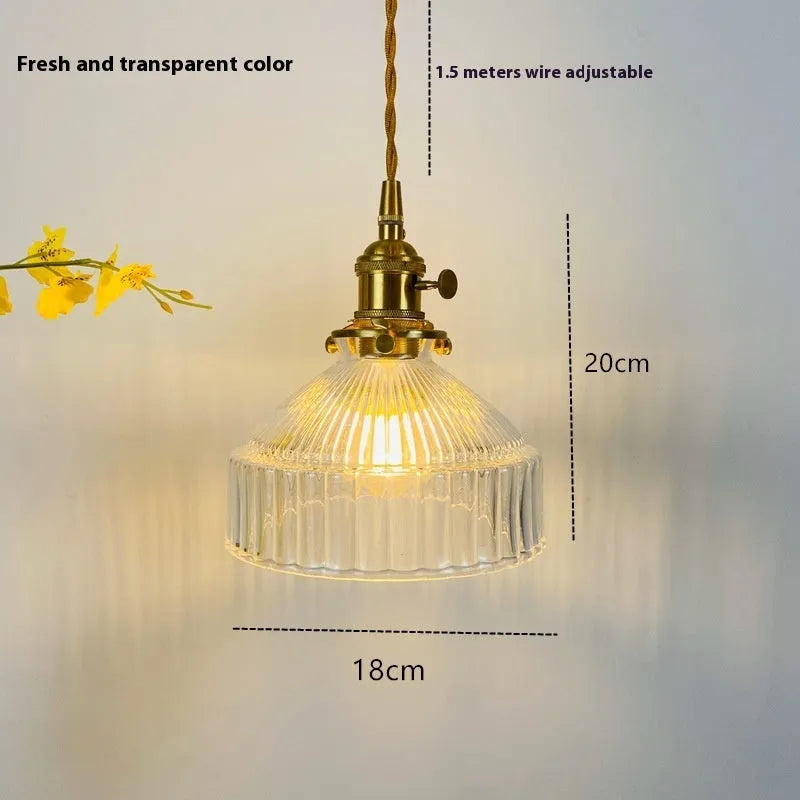 Nordic retro brass chandelier with amber glass lampshade and H65 brass body, 18x20cm, adjustable wire