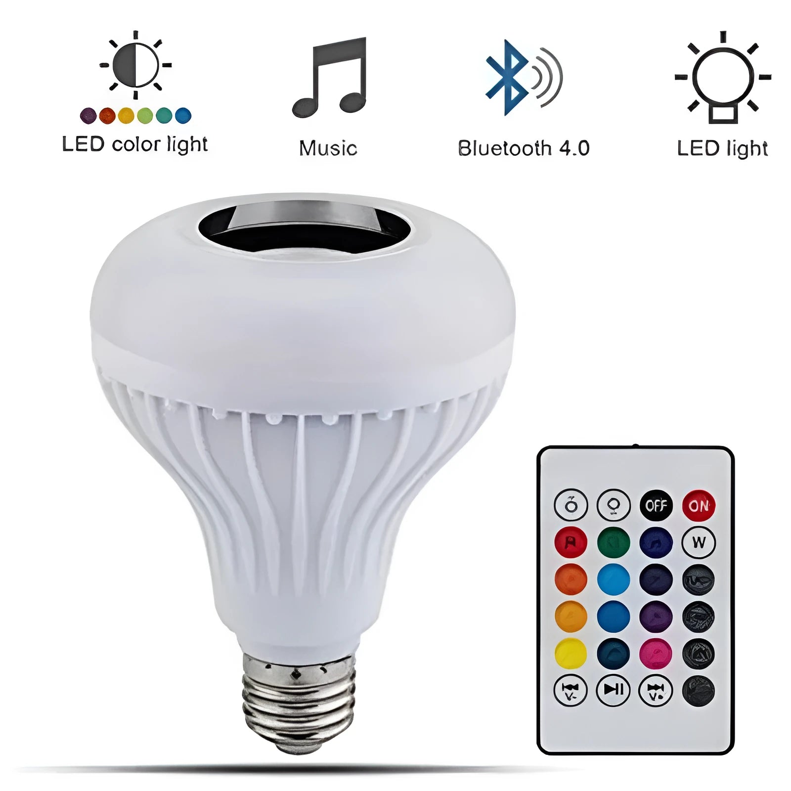 White E27 smart LED bulb with Bluetooth speaker and remote control for 16 colour lights.