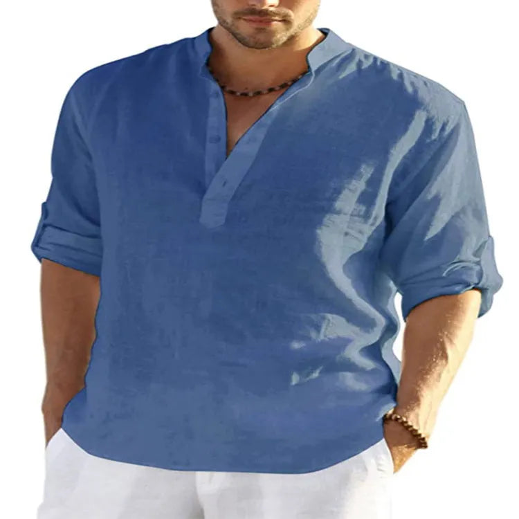 Men's casual cotton linen long sleeve shirt bundle in multiple colours with stand collar design