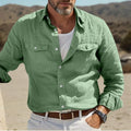 Men's loose fit long sleeve shirt in cotton linen blend, shown in green, sky blue, khaki, or white.