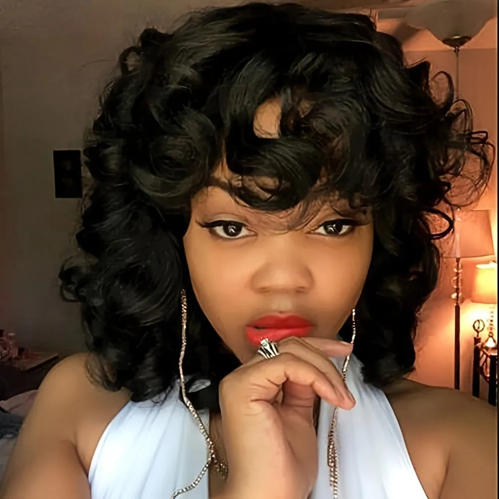 Women's black long curly Afro wig made from synthetic high temperature fibre for all face types