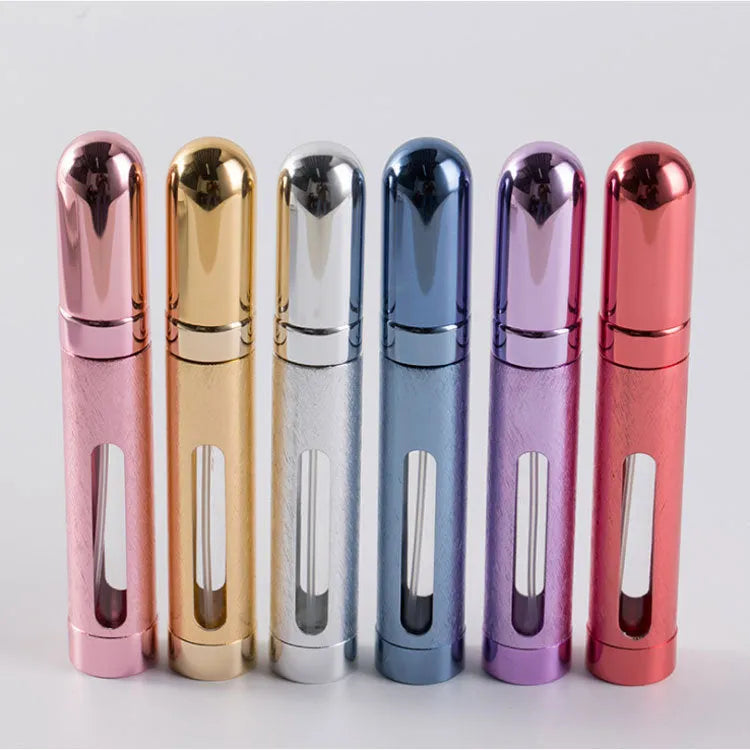 Slim 12ml aluminium travel perfume bottle with glass liner in six colour options.