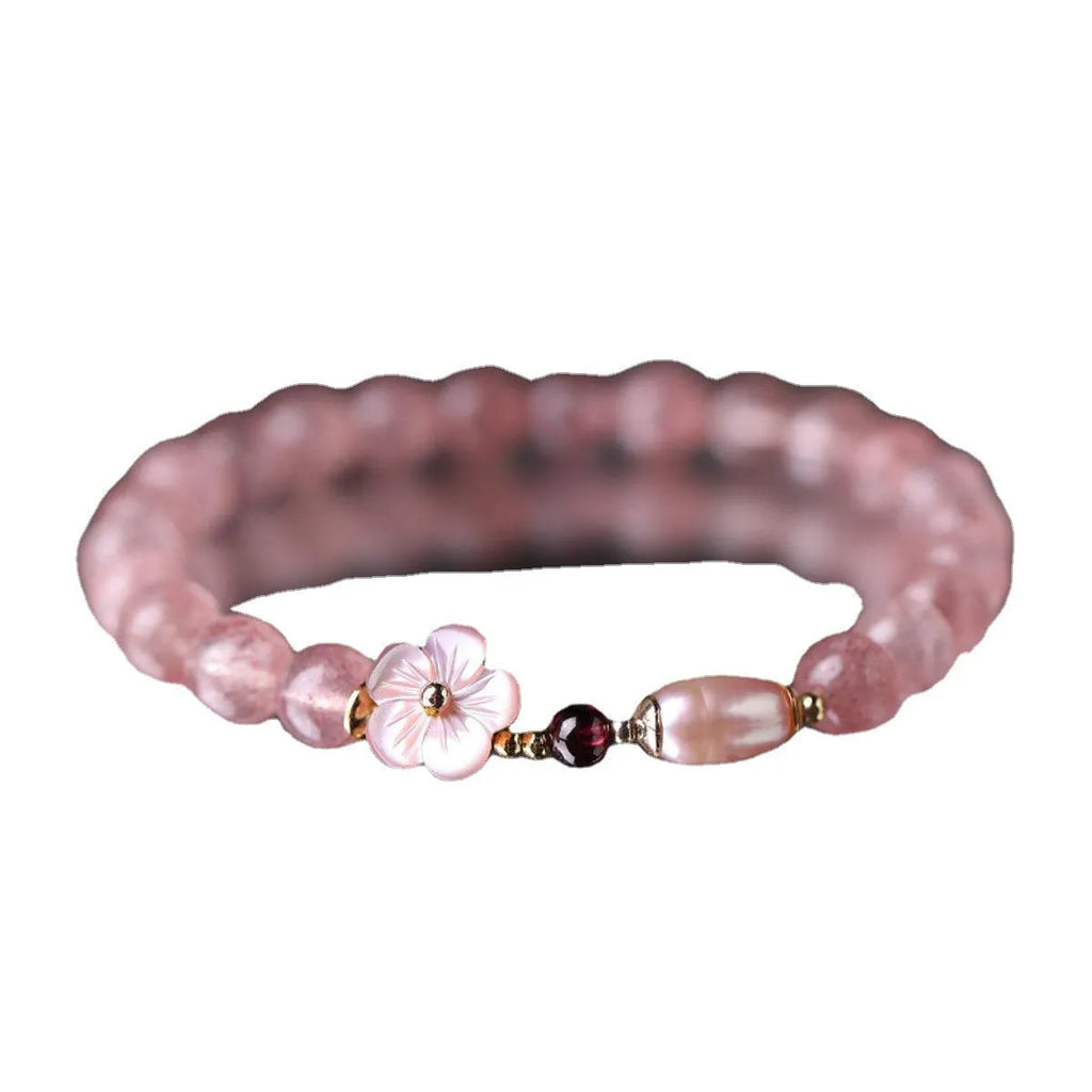 Strawberry quartz crystal bracelet with peach blossom flower design for women's casual jewellery