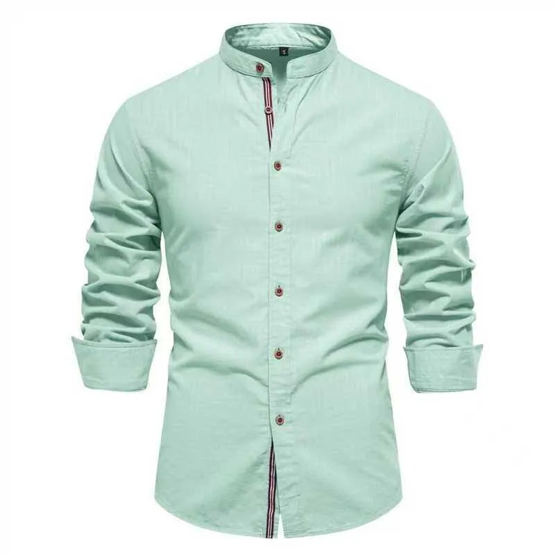 Men's solid colour linen blend long sleeve shirt in ivory white, front view, with non-iron finish