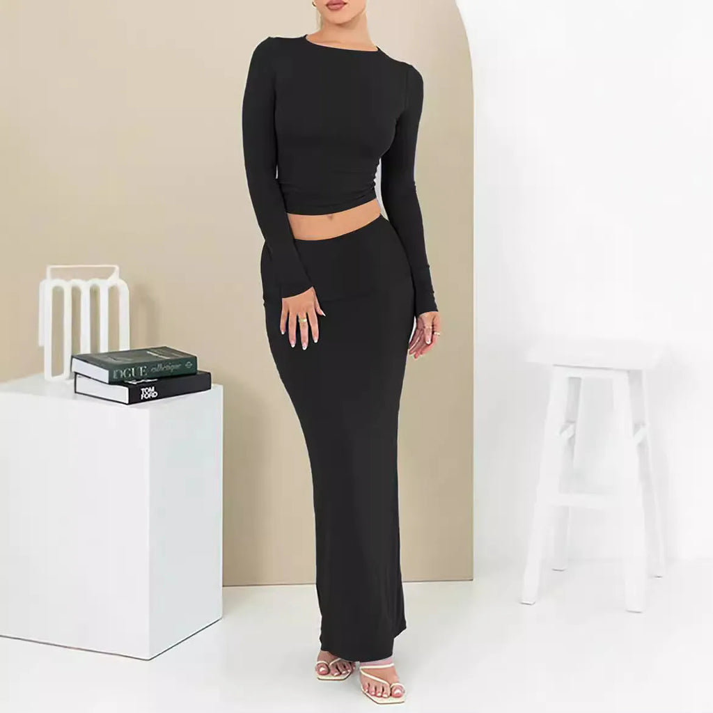 Women's slim fit autumn two-piece suit set in a sweet style with a long skirt and exposed navel top.