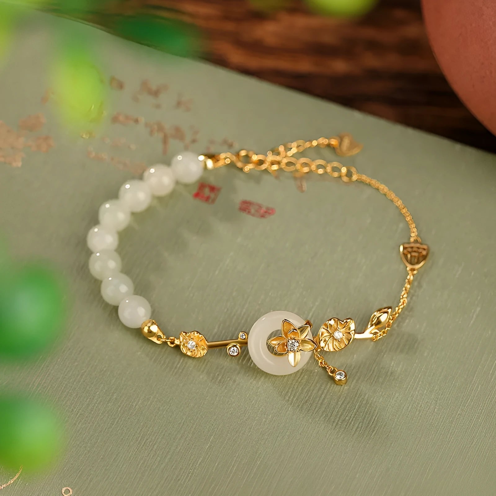 Hetian Jade Lotus Peace Buckle Bracelet 925 Silver gold plated retro women's jewellery