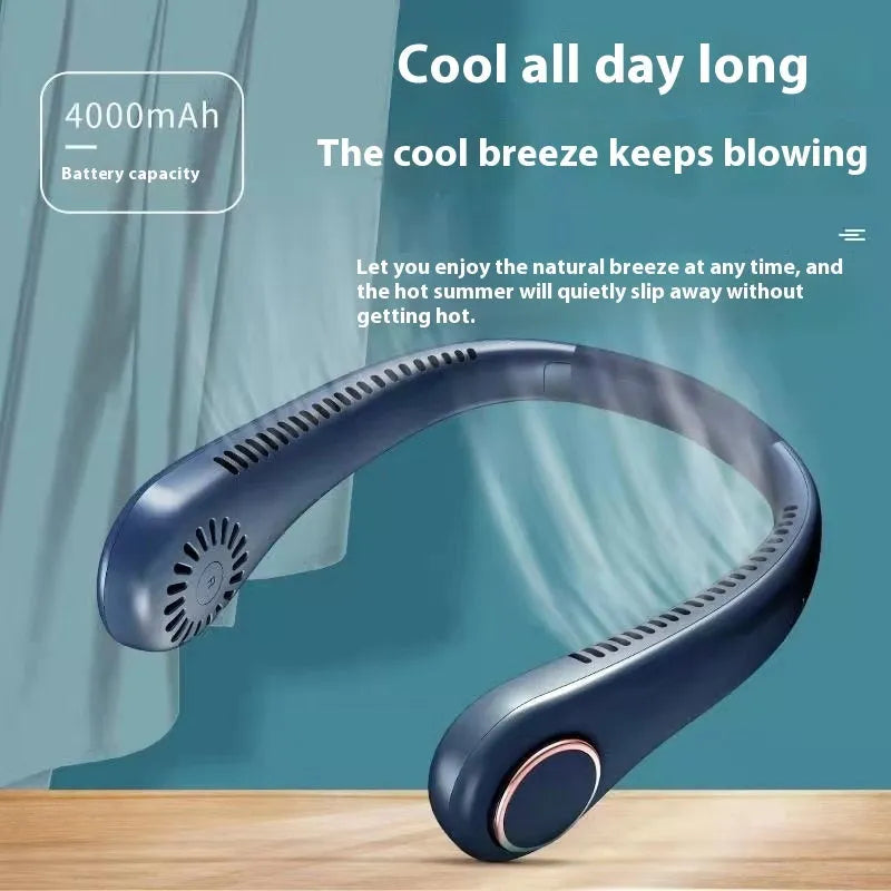 USB rechargeable neck hanging fan with brushless motor, bladeless design, 225x183x60mm in electroplated blue