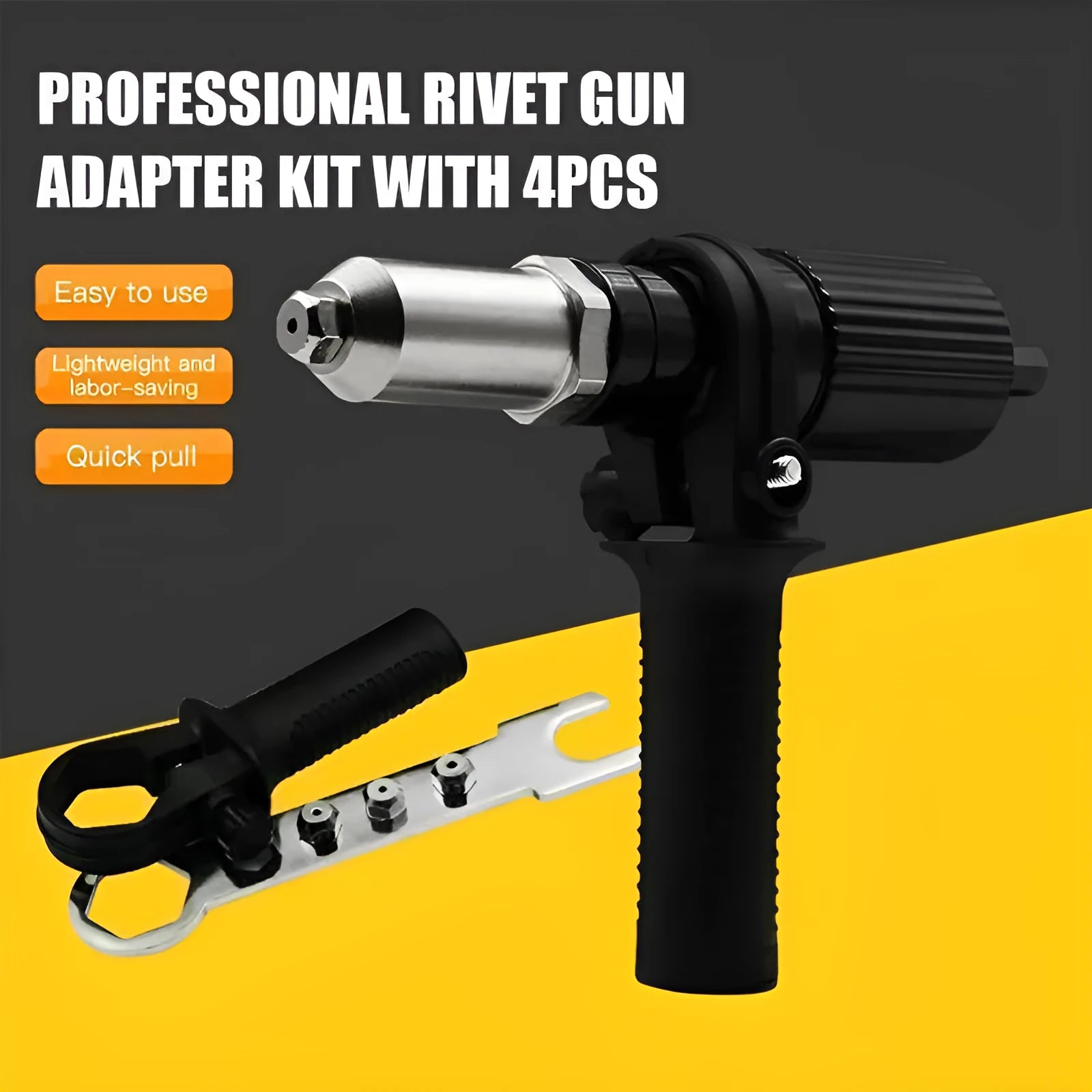 Alloy steel rivet gun adapter for electric drill with four rivet heads, handle, and wrench
