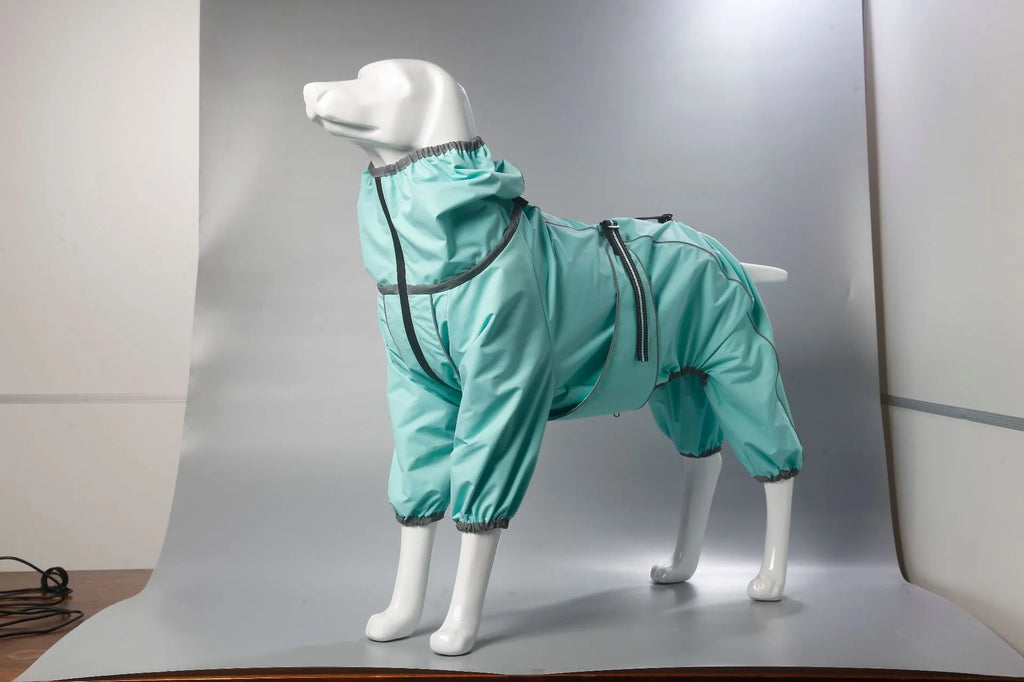 Dog wearing a cotton-padded polyester shell jacket in red, available in sizes M to XXXXL