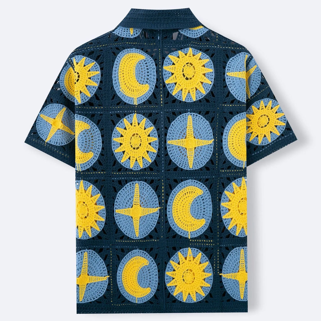 Men's navy blue short-sleeved cardigan with cartoon flocking pattern, displayed on model for casual summer wear