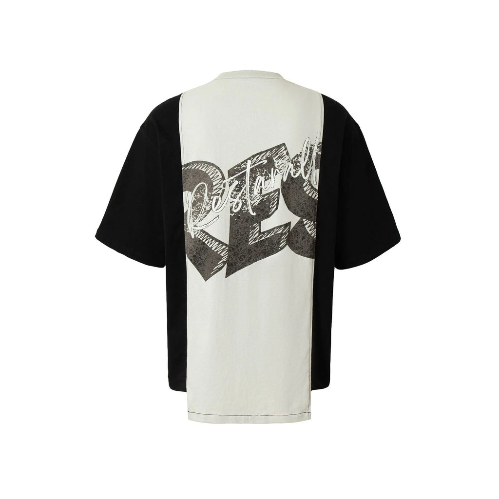 Deconstruction printed collar loose fit T-shirt in black and white stitching.