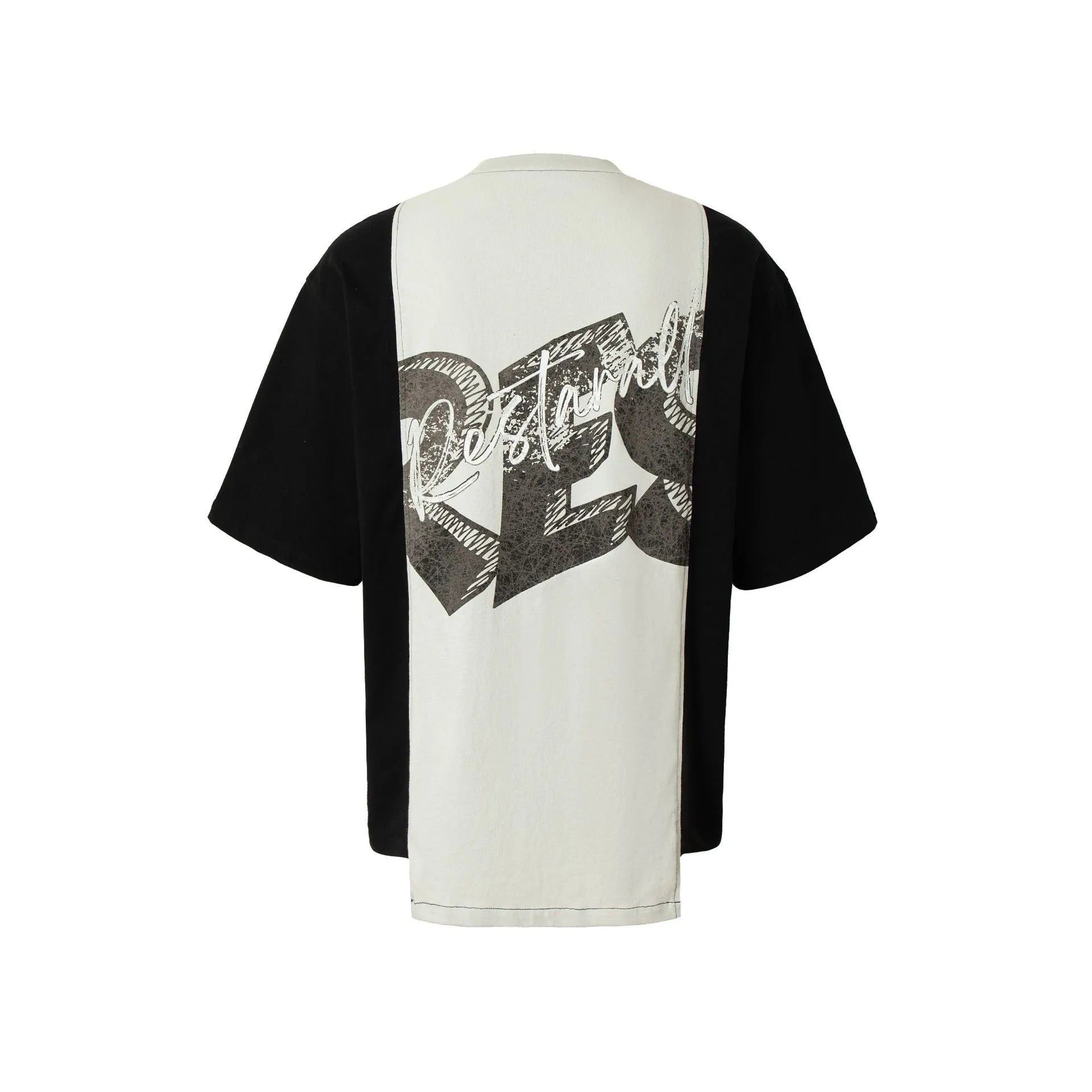 Deconstruction printed collar loose fit T-shirt in black and white stitching.