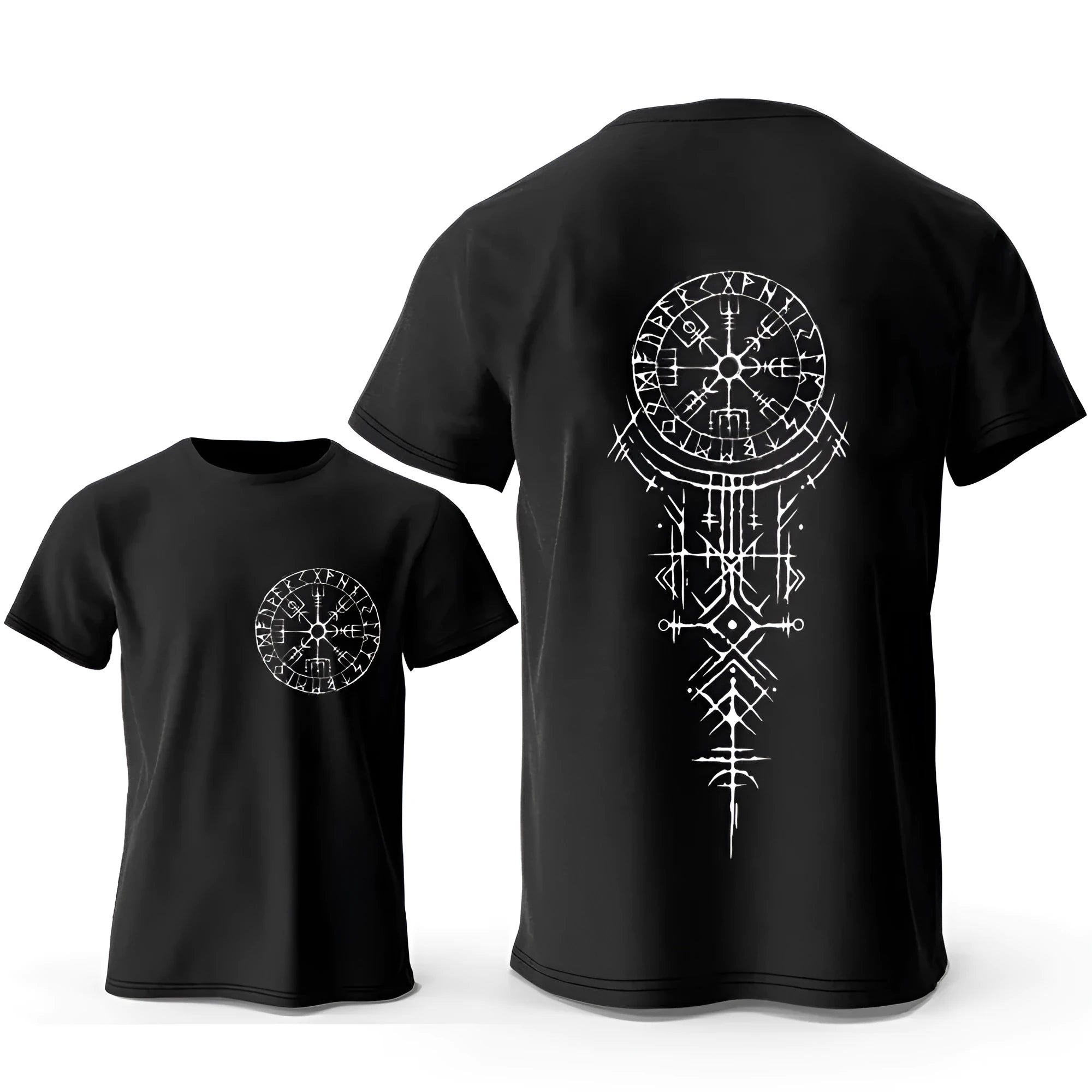 Men's grey cotton T-shirt with a printed Viking rune compass design on the chest.