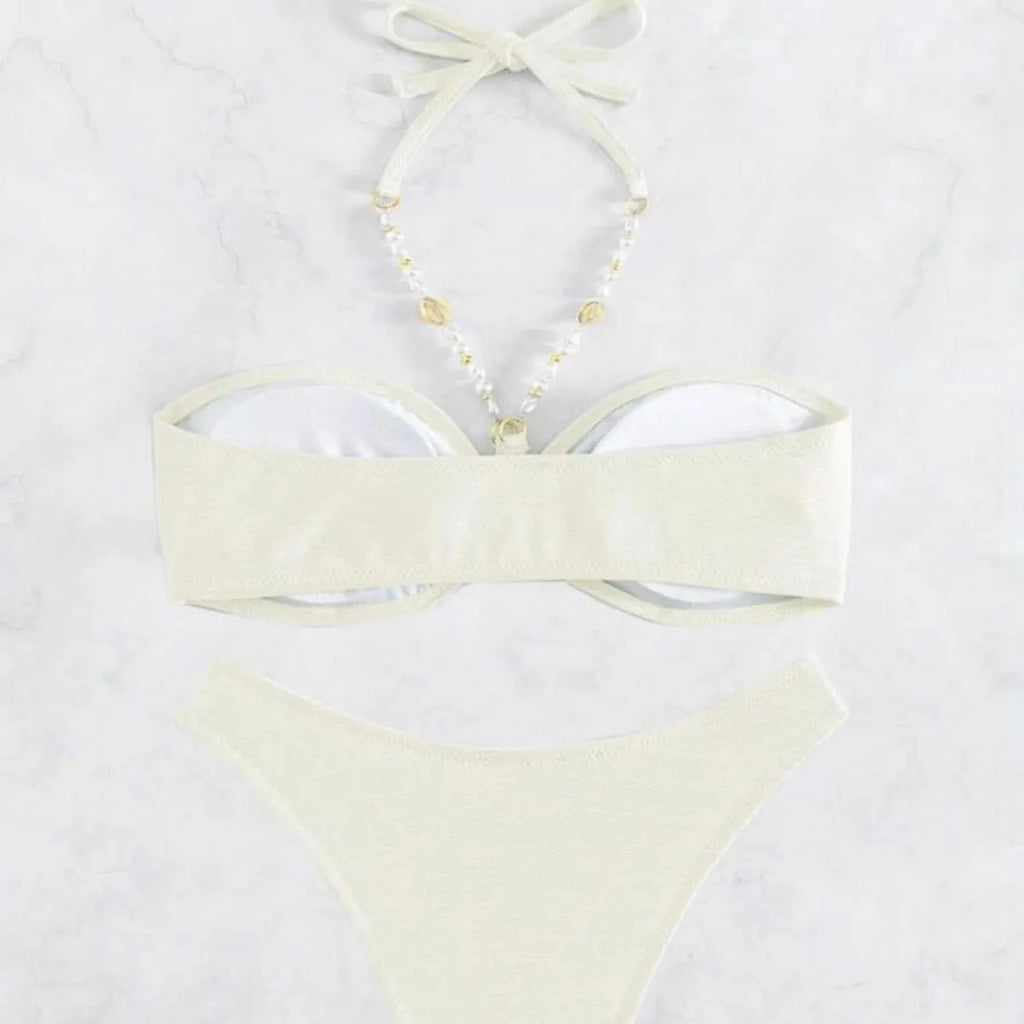 Solid colour halter women's bikini set in green, polyester fabric, available in sizes S, M, L Asian sizing