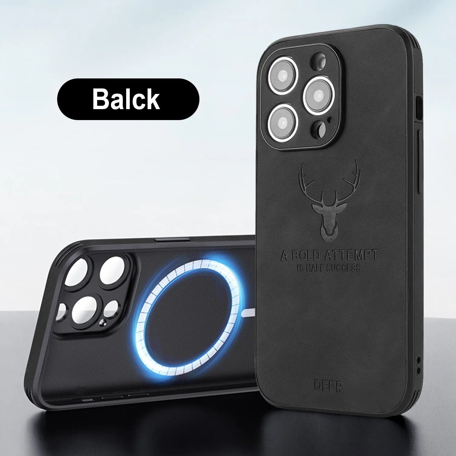 iPhone 16 magnetic charging case with embossed moose head design on imitation leather in multiple colour options