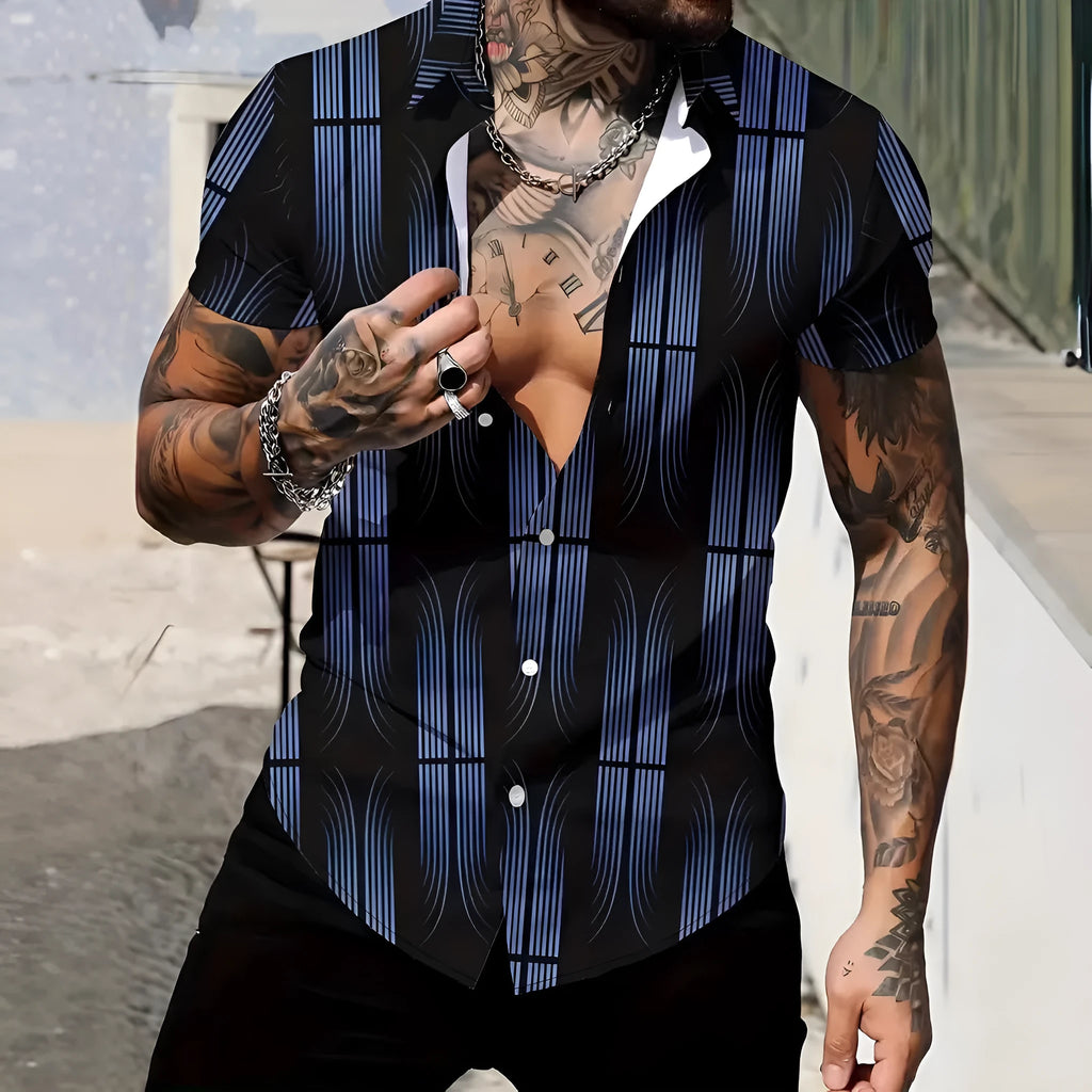 Men's slim fit geometric print short sleeve cardigan shirt on a hanger.