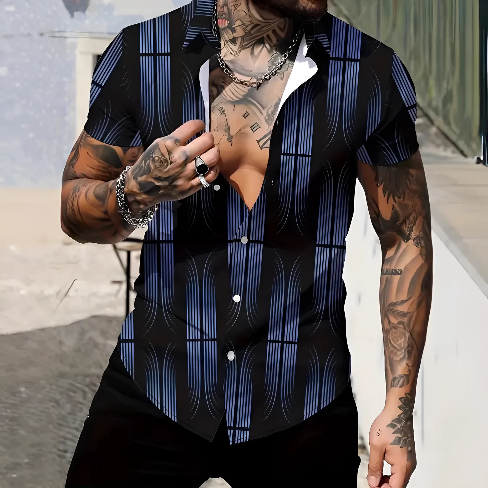 Men's slim fit geometric print short sleeve cardigan shirt on a hanger.