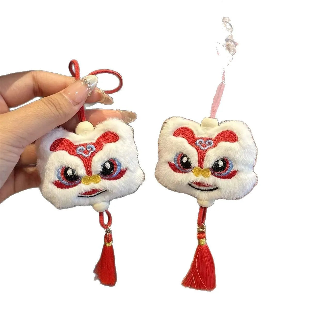 Handmade Chinese style plush lion tassel keychain ornament with Star Stone details in blue or yellow colour