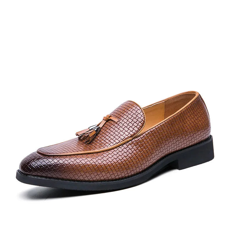 Men's black pointed slip-on shoes with tassel detail on artificial PU upper