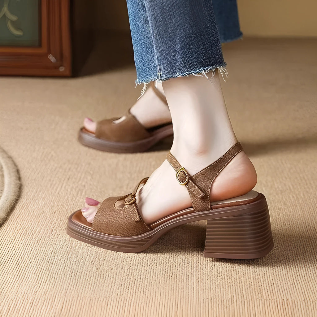 Women's open toe square toe retro platform sandals in milky white colour with rubber sole
