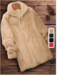 Double-sided velvet fleece jacket in khaki, shown on a hanger, with a full fleece lining visible.