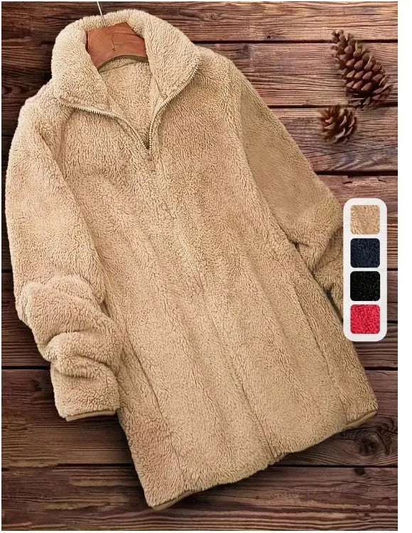 Double-sided velvet fleece jacket in khaki, shown on a hanger, with a full fleece lining visible.