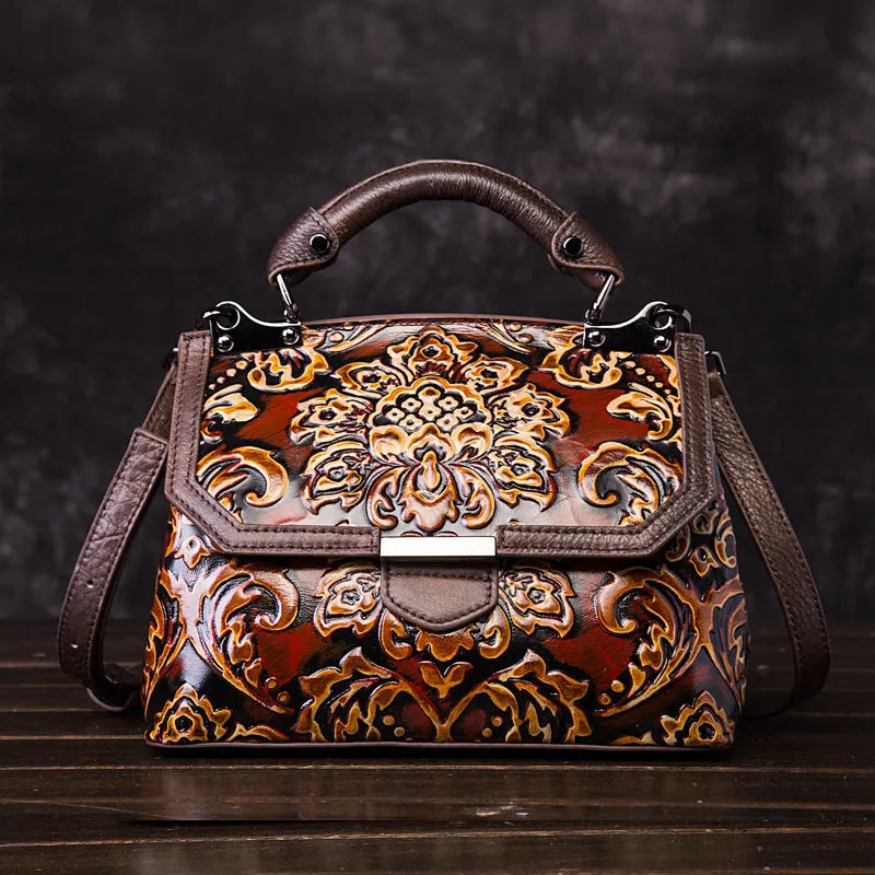 Women's retro shoulder messenger bag made of genuine cowhide leather with embossed flowers, flap closure, horizontal shape, apricot colour