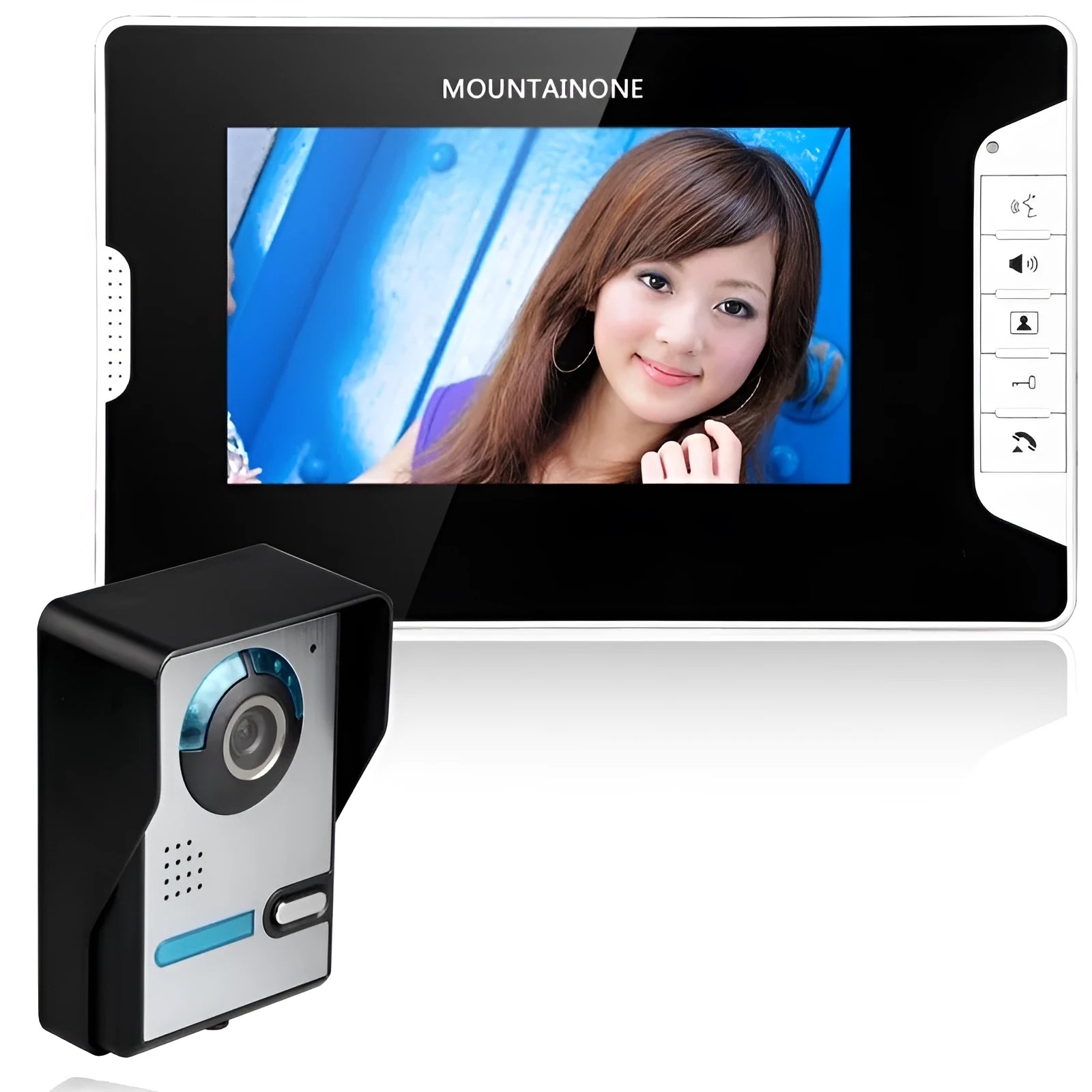 7-inch HD video door phone indoor monitor showing clear widescreen image with outdoor camera unit