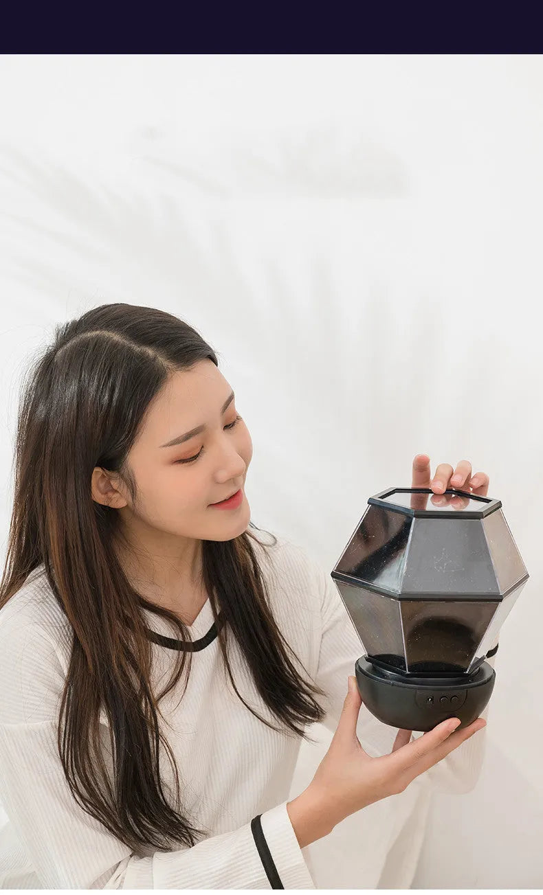 Circular LED rotating stars night light projecting coloured star patterns on wall