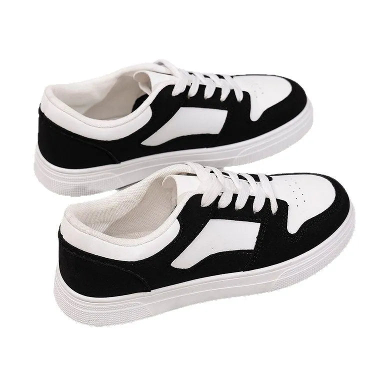 Black women's rubber casual sports shoes with flat heel, low top, round toe, and front lace-up closure