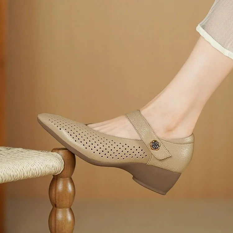 Women's black wedge high heels with pointed toe, PU upper, and hook-loop strap against a white background