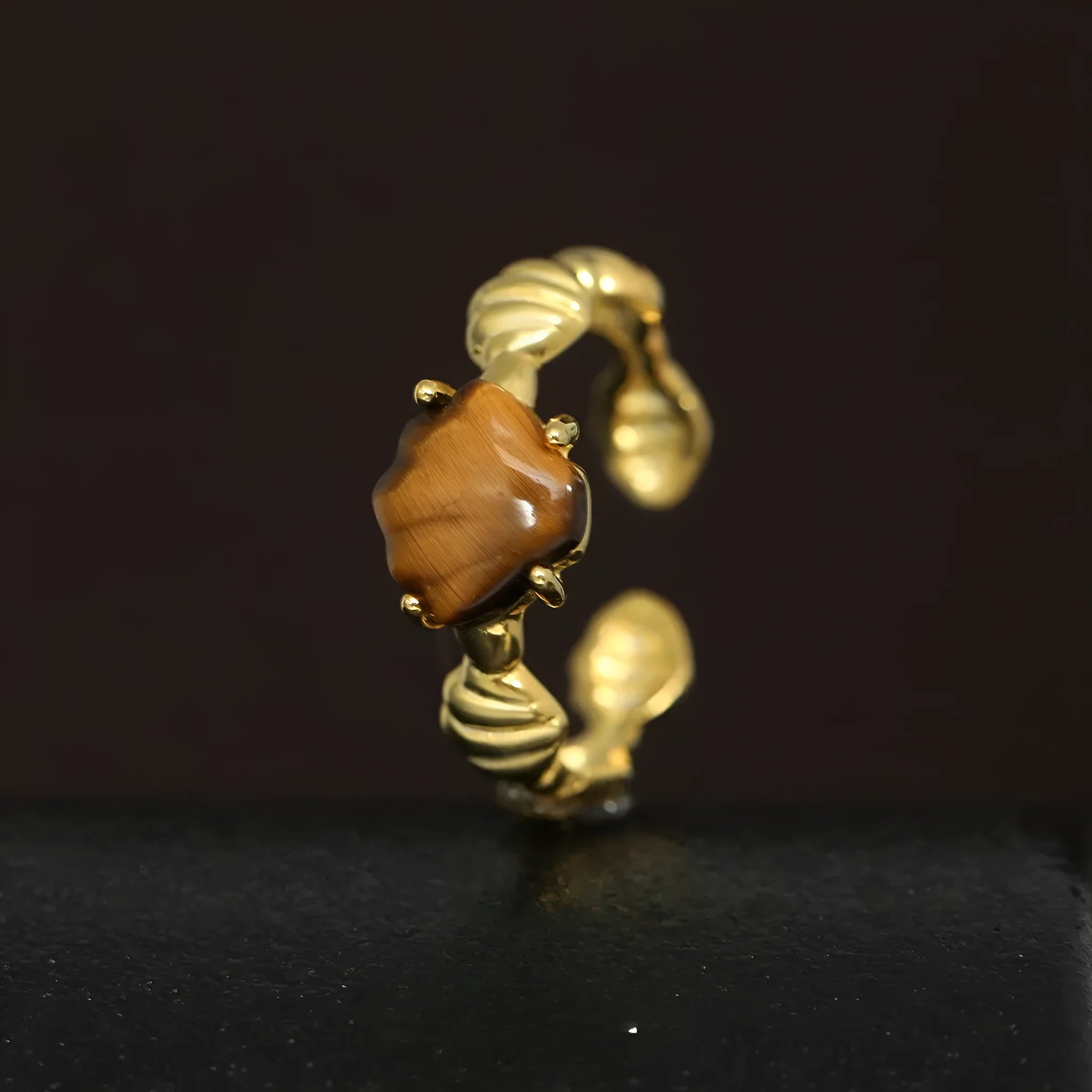 Women's adjustable silver ring with shell tiger eye stone design in white gold or 18K gold finish