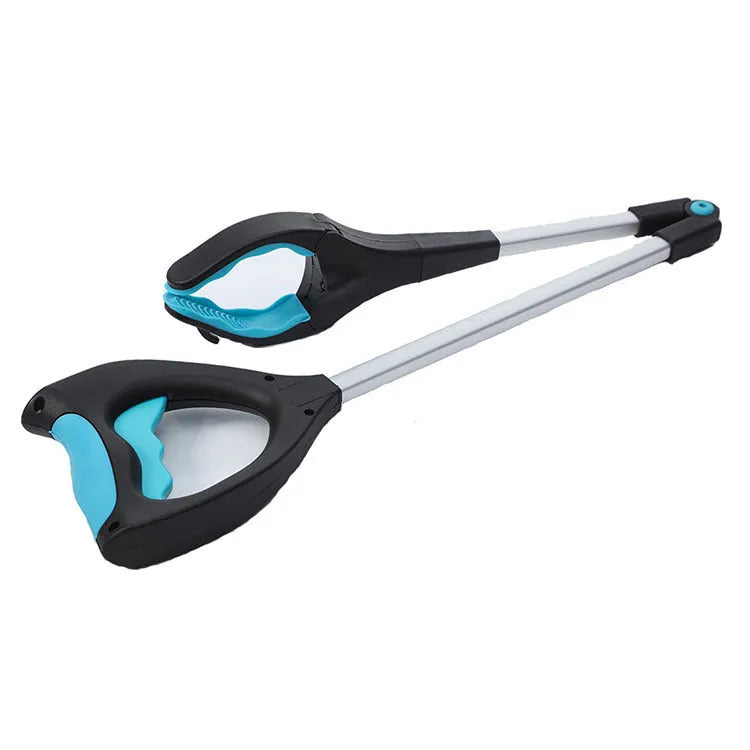 Blue foldable portable pickup trolley with aluminium frame showing collapsed and extended positions.