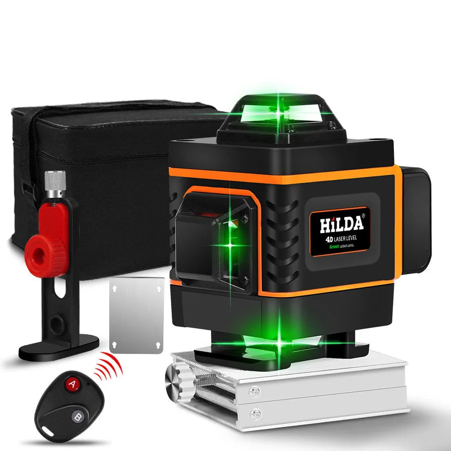 Rotating laser level emitting 16 orange lines for high-precision levelling on a wall sticker installation project