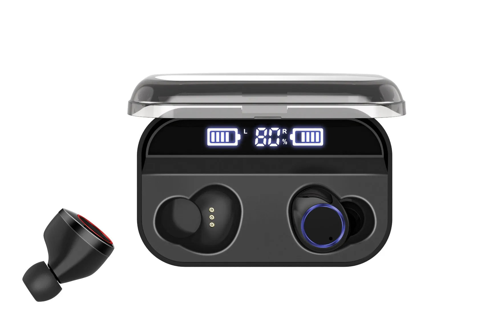X11 Bluetooth wireless earbuds in black with charging case and multiple ear tip sizes
