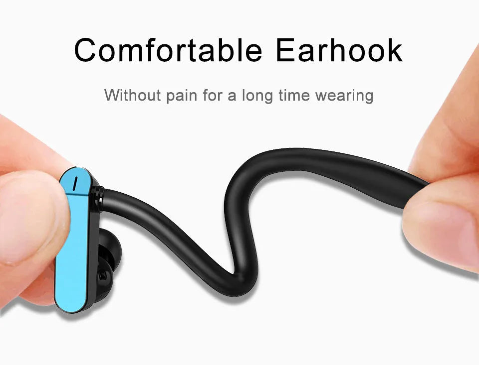 Sport earphones with black and blue flexible ear hooks and silicone earbuds, shown on a grey background