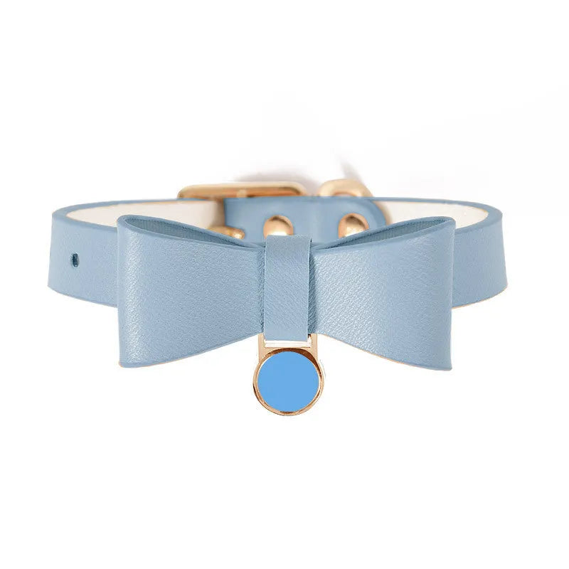Leather cat collar in brown with matching ring and rope on a neutral background