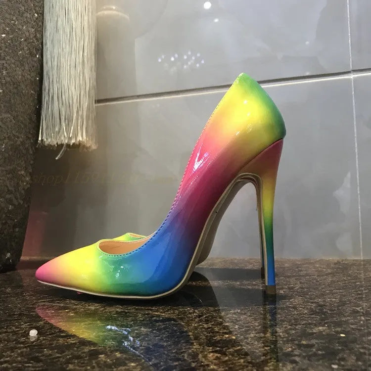 Rainbow patent leather women's ultra-high heel pointed toe stiletto pump shoes on white background