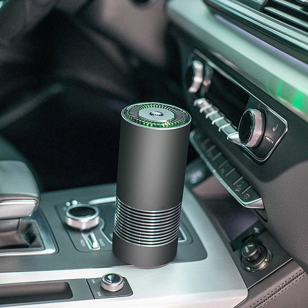 Car indoor wireless air purifier in silver, 65x150mm aluminium alloy body with USB power cord