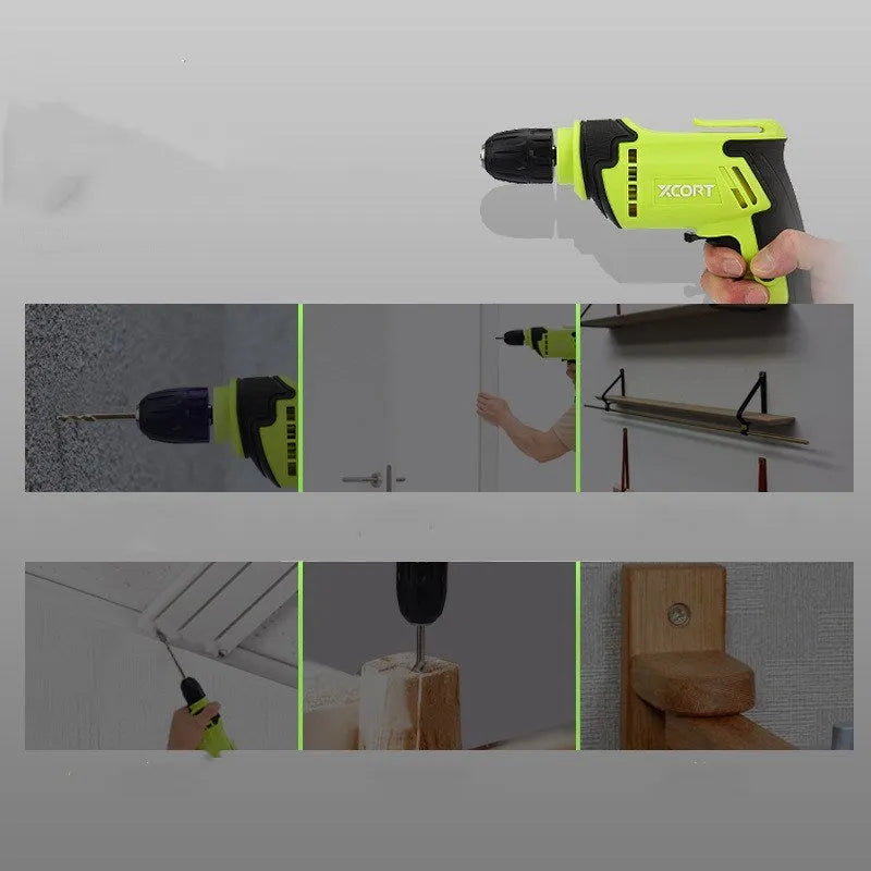 A black pistol-grip style AC electric drill with a 10mm chuck, shown on a workbench.