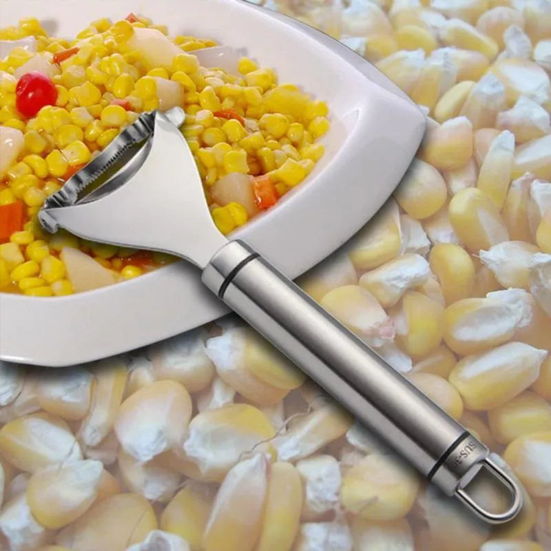 Stainless steel corn planer with 18 cm blade on a kitchen counter