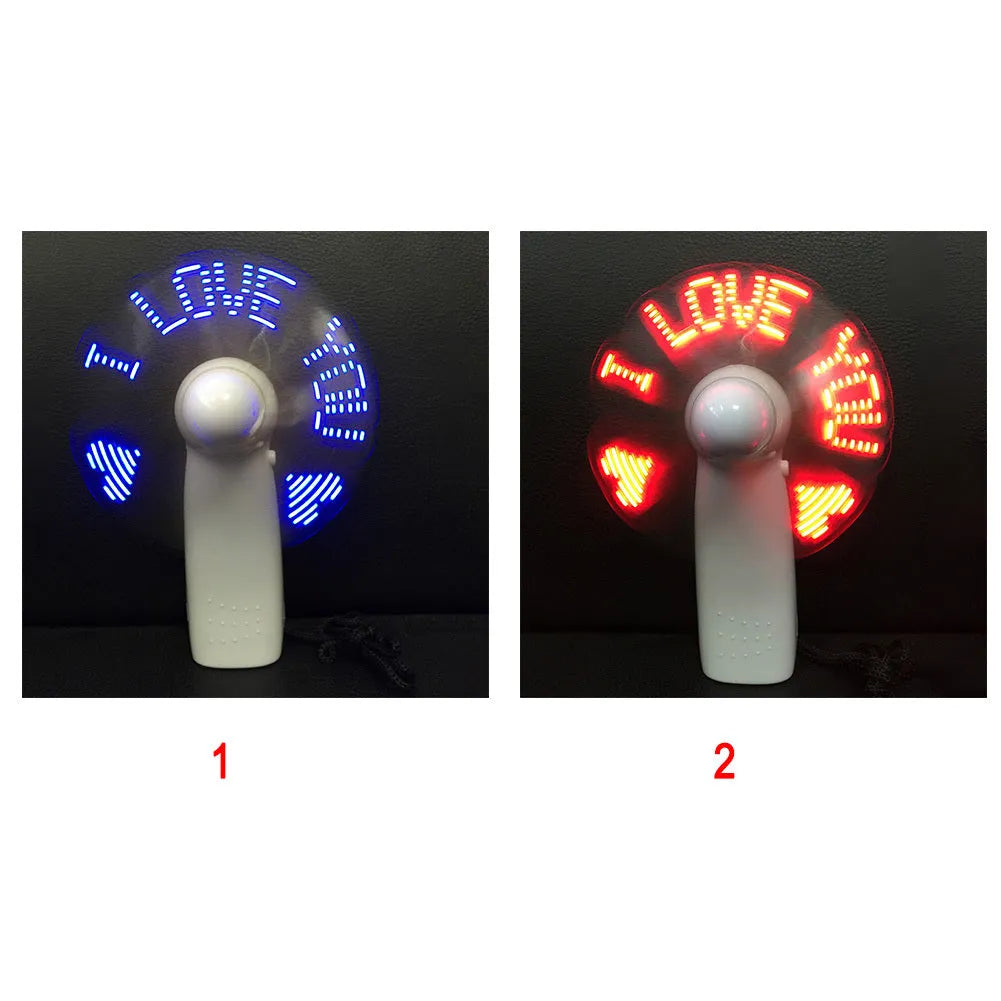 White handheld mini fan with LED flashing I love you pattern in blue and red colours